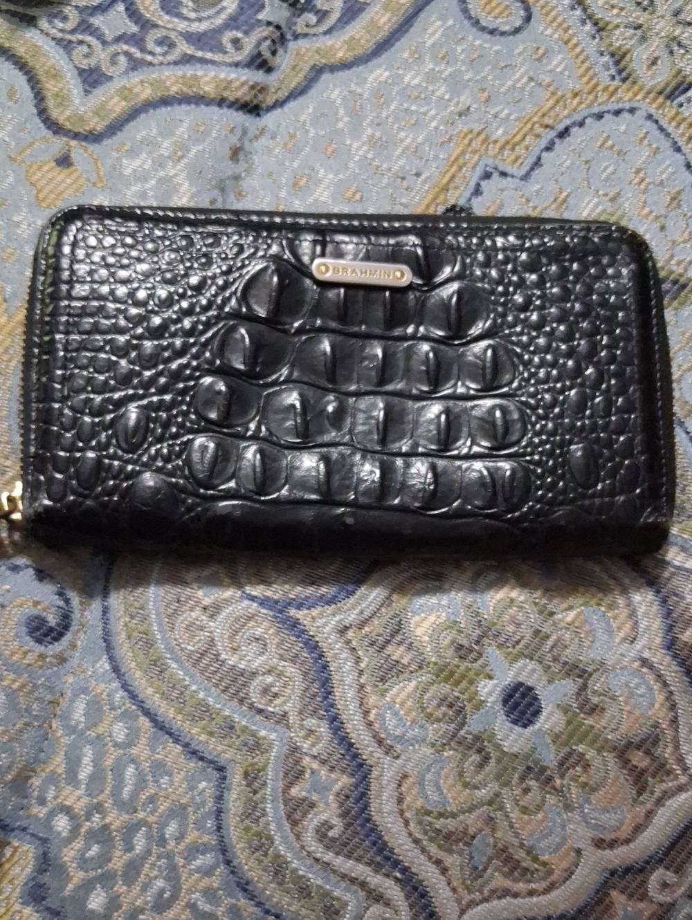 Brahmin Black Croc-Embossed Zip Wallet with Metal Logo
